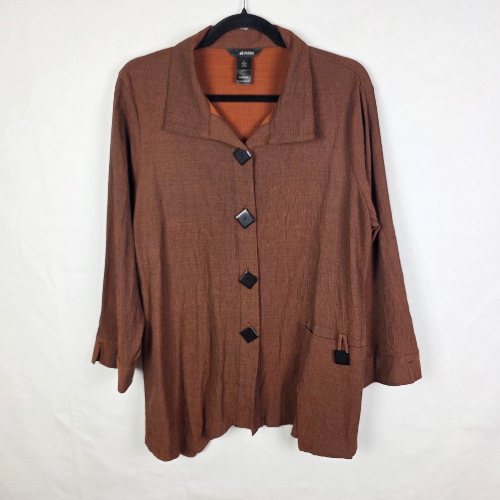 Ali Miles Womens Large Rust Brown Crinkle‎ Button Front Blouse 3/4 Sleeve Top